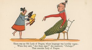 1875年頃、ロンドンのフレデリックワーンアンドカンパニー発行の 『A Book of Nonsense』から、言語がひどくあいまいだったプラハの老婦人がいました。 作： エドワード・リア